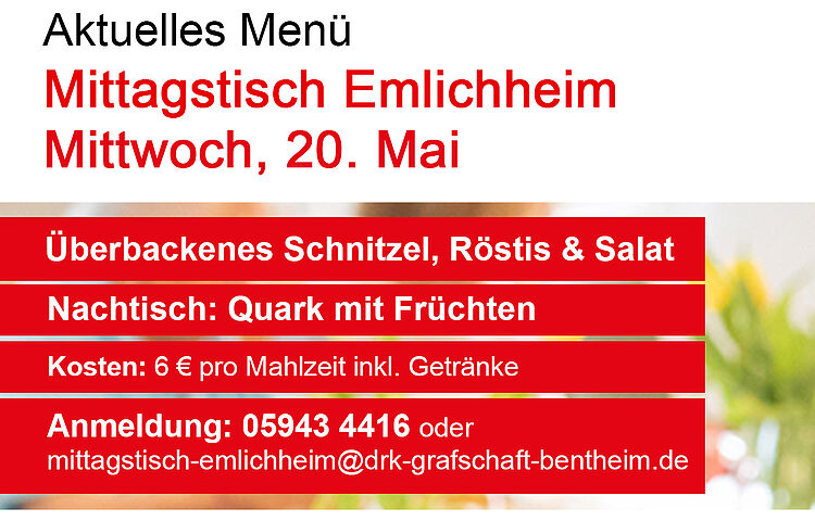 DRK Mittagstisch Emlichheim - Aktuelles Menü 20. Mai DRK Mittagstisch Emlichheim - Aktuelles Menü 20. Mai
